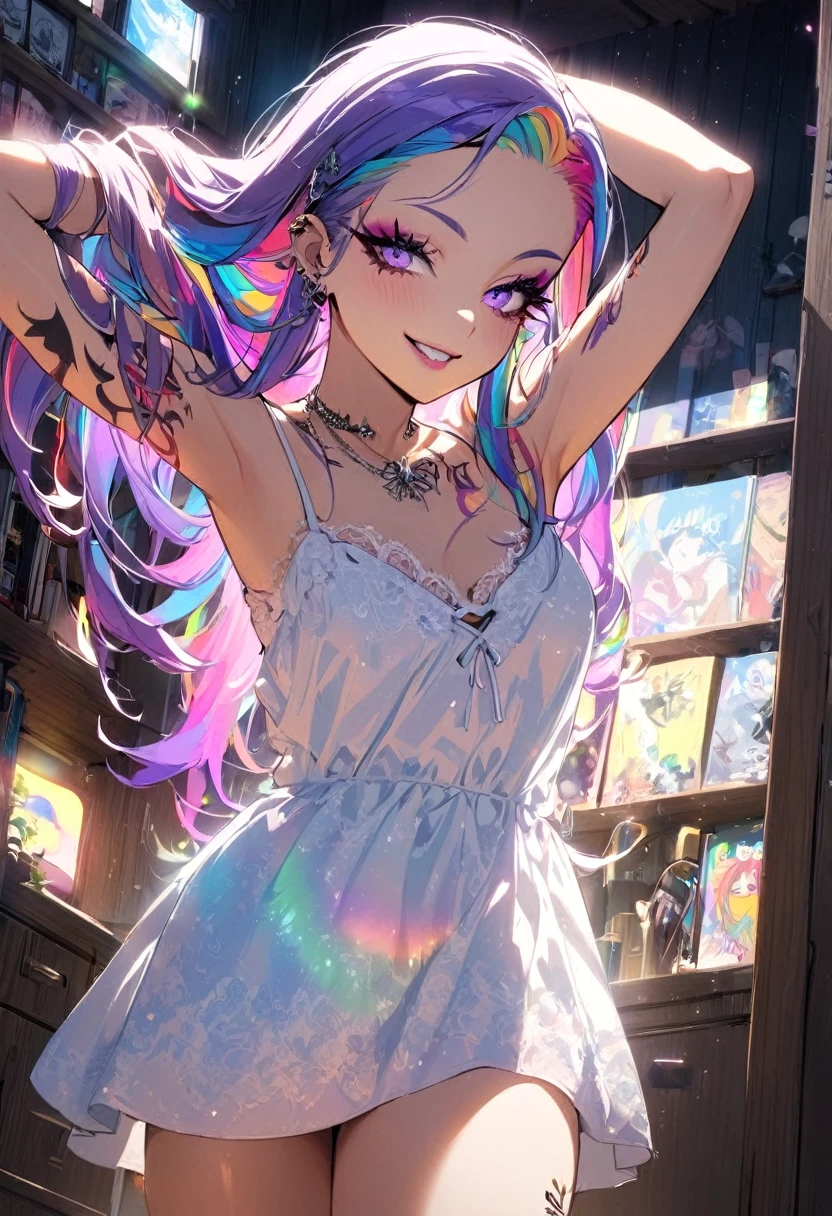 1 girl, Holo-Punk style, Rainbow hair, aretes, eyelash, ssmile, Inside the house, jewerly, lips, make up, necklase, chemise, shorth hair, manga curta, ssmile, standing alone, t-chemise, tatoo, teeths, denim trousers, white chemise, Fake Falcon, punk aesthetic, arms behind the head, cinematic angle, foreshortening, tenebrosa, tenebrosa background, cinematic lighting, work of art, best qualityer ,
