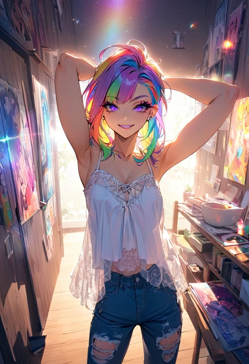 1 girl, Holo-Punk style, Rainbow hair, aretes, eyelash, ssmile, Inside the house, jewerly, lips, make up, necklase, chemise, shorth hair, manga curta, ssmile, standing alone, t-chemise, tatoo, teeths, denim trousers, white chemise, Fake Falcon, punk aesthetic, arms behind the head, cinematic angle, foreshortening, tenebrosa, tenebrosa background, cinematic lighting, work of art, best qualityer ,