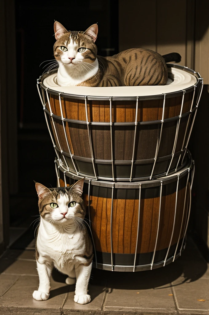 Muscular cat carrying drums