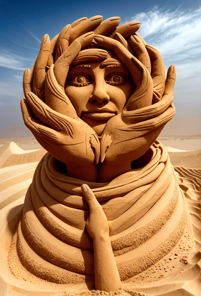 masterpiece, Highest quality, Very detailed, Surreal, Realistic, Lots of sand sculpture hands, Sandstorm, Strong winds, Wave