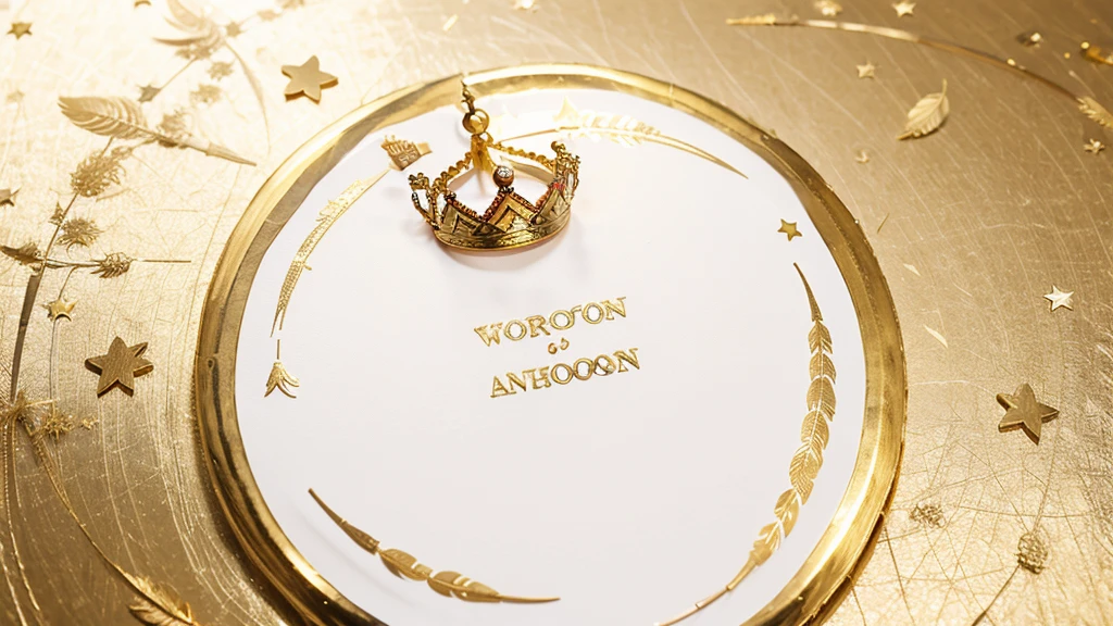 Golden moon aya word with crown, feathers and star, no human, white background