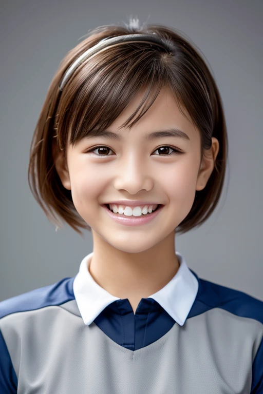 (Gray background:1.5, Close-up shot:1), (Realistic:1.4), (Highest quality:1.0), (Ultra-high resolution:1.0), 8K, RAW Photos, (masterpiece:0.2), One Girl, Beautiful Skin, Detailed skin, Big smile, teeth, (short hair:1), (Soccer uniforms:1.2)