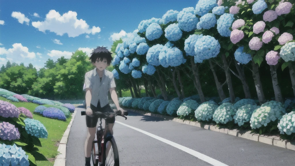 ((Highest quality)), ((masterpiece)), (detailed), Highest quality、High resolution、8K、male、male子学生、、soaked、bicycleを全力で漕いでいる、bicycleに乗っている、Very cloudy sky、Shower、Japan、Urban park、bicycle、White short sleeve shirt、Black trousers、bicycleに乗ったJapanの学生服を着たmale子学生の後ろ姿、Heavy downpour、Standing surrounded by hydrangeas、Japanのアニメのような画風、超High resolutionかわいい萌えアニメ8k