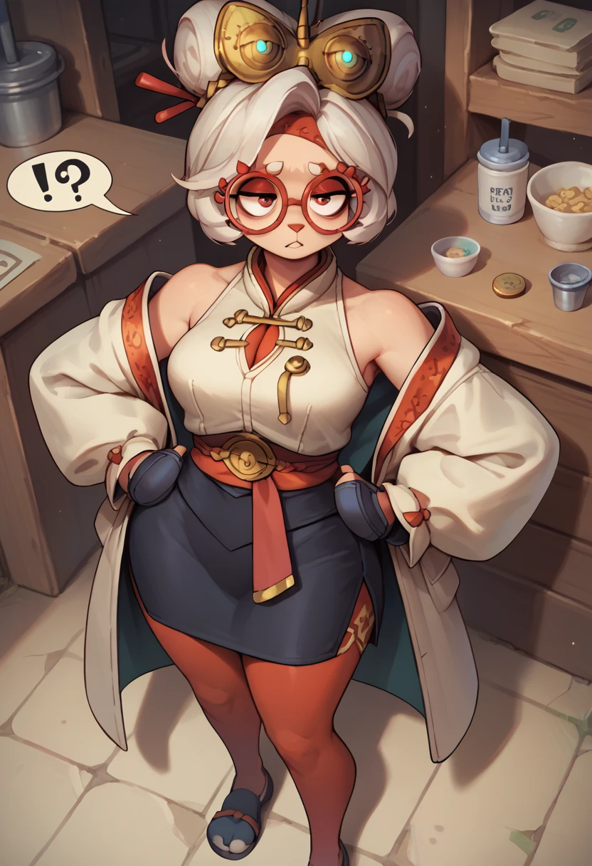 furry, versao furry, fursuite, punctuation_9, punctuation_8_High above, punctuation_7_High above BREAK  purah, presumptuous, hands on hips, hair ornament, red sash, red glasses, sleeveless shirt, White coat, Black Skirt, red leggings, mitts