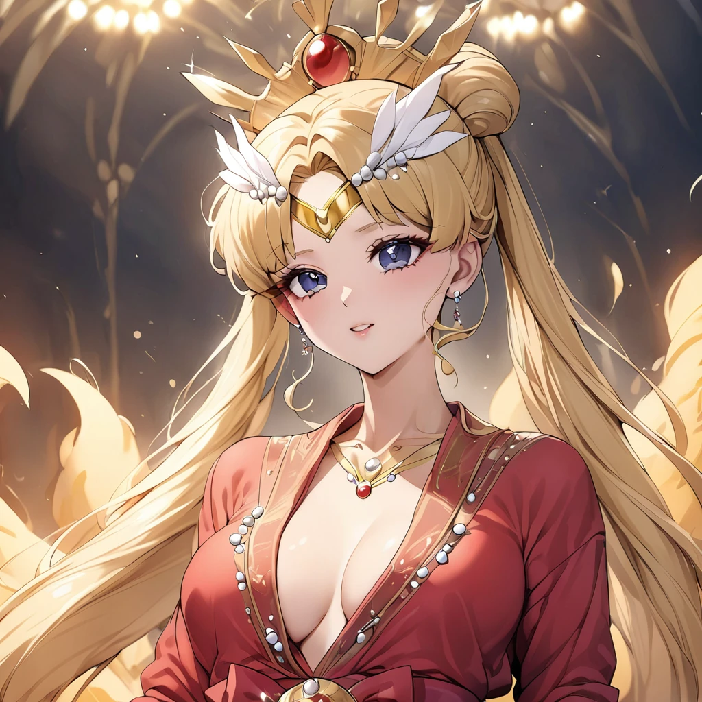 ((Highest quality)), ((masterpiece)), (detailed), （Perfect Face）、The woman is Empress Tsukino Usagi, wearing a gorgeous and glittering red Hanfu, luxurious jeweled accessories, and a Phoenix crown, with her long blonde hair tied in a chignon.