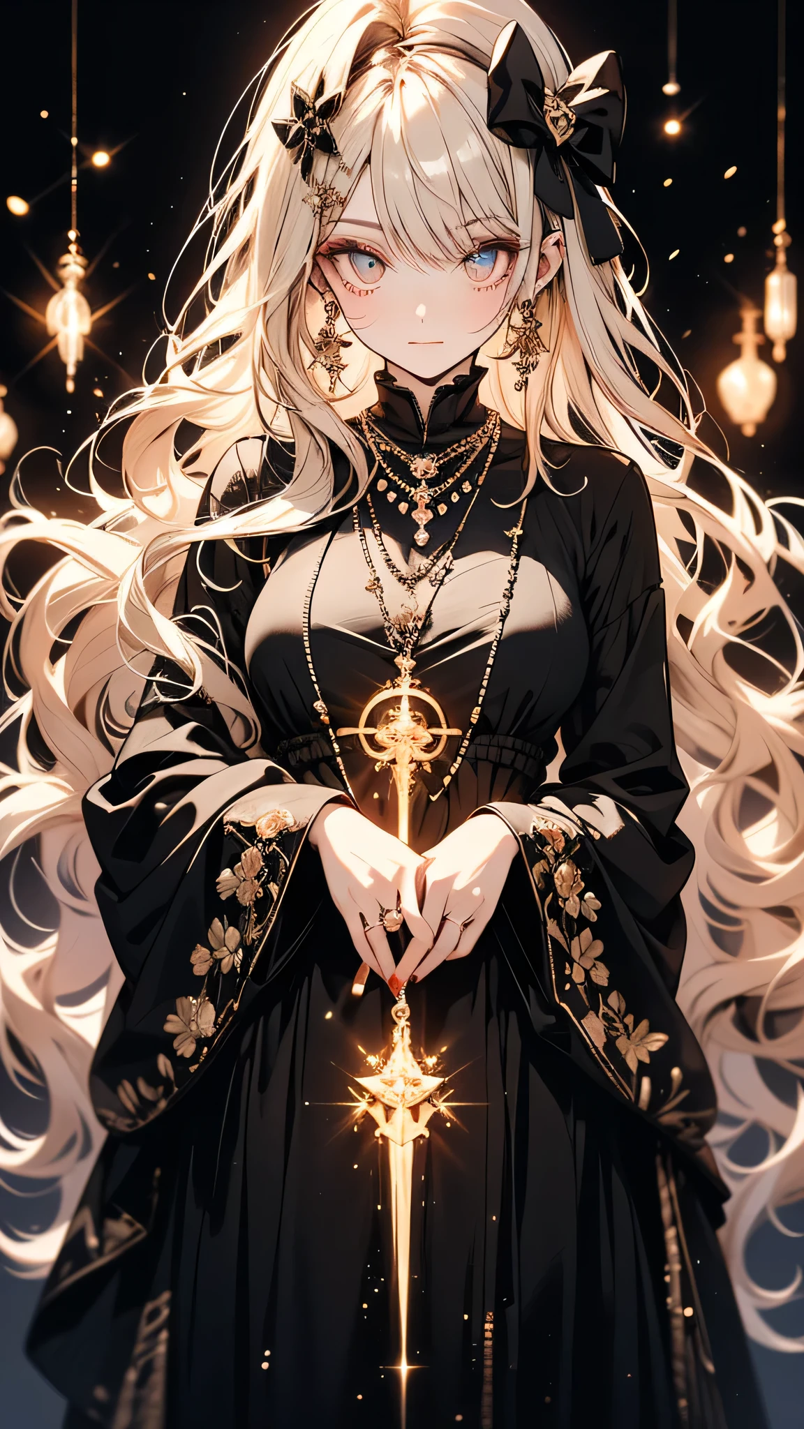 One girl, Long Hair, Light Hair Color, Captivating eyes, Mysterious look, Mature Appearance, Attractive dress, loose fitting dress, Elegant Jewelry, Elaborate decoration, Magic symbols, Glowing Accessories, Portion, Scroll, Cute accent, bow, ribbon, Flowers,