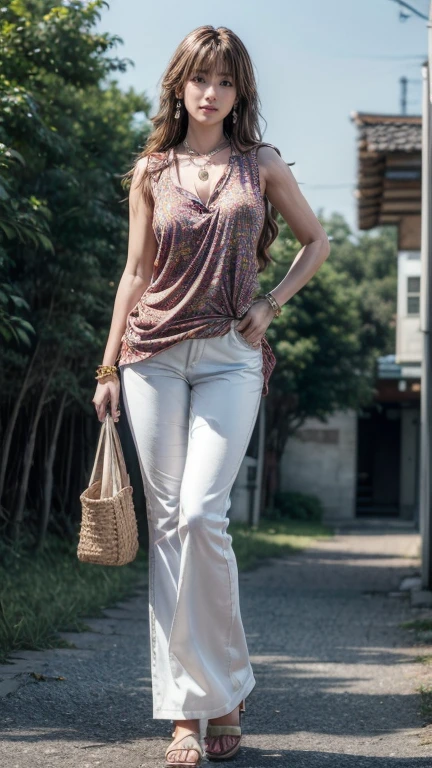 (she is standing,model posing:1.3),,(Full body,watching at Viewer:1.3),,,,,1 Japanese female, (The real face of a 20 year old),Shy Smile,,,,,((loose style, baggy tops, untcked tops):1.3), (sleeveless oversized collared tunic with colorful kanga print:1.4), ((collarbone, tucked out):1.3), ((colorful african print pattern, kanga saying print) on tops:1.3), (white pants with bell bottoms:1.3), ((necklace, earrings):1.2), (sandals with heels),,,,,,,,(Svelte Body,Medium Breasts:1.6),gigantic hips,(Medium Hair,Wavy Hair, Brown hair:1.2),, Soft Portrait Shot, Smooth, White skin like porcelain,, transparent white skin, , Pure white skin,Photorealistic perfect body, Real Engraving Idol, 4K, ,,,(8K, RAW Photos, Ultra-high resolution, highest quality, masterpiece:1.2), (Realistic illustrations), (Highly detailed CG Unity 8k wallpaper)