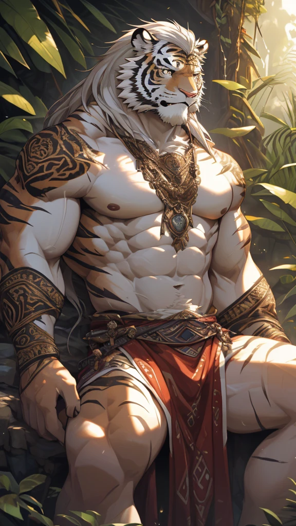 (masterpiece),(highres),(intricate details:1.4),extremely detailed,(illustration:1.2),8k,photorealistic,Anime headshot,exquisite,full body shot,aged,elder male tiger,white fur,muscular,warrior,(naked upper body:1.4),(white hair:1.3),hot jungle,sexy