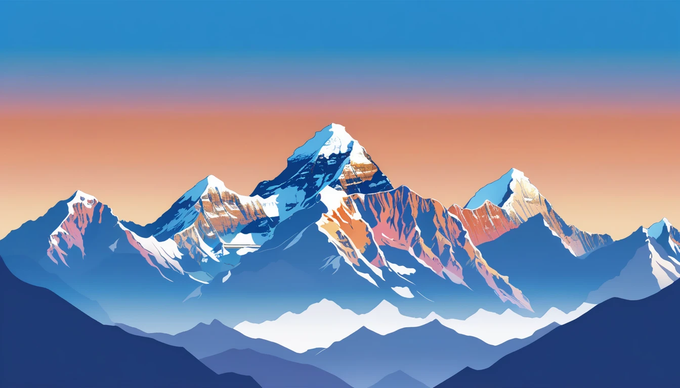 ((high resolution: 1.1))Himalayas，Snowy，The sky is magnificent。Wide panorama，high resolution、High Definition，Cool colors，Flat Wind，Minimalist illustration，Vector。((high resolution: 1.1))Illustration of a snow mountain range in the vector, using simple shapes and a 2D flat, vector artwork features beautiful colors with a blue sky and orange sunset, peaks, capped, covered, resembling a view, Mount Everest，Flat Wind，Minimalist illustration，Vector。