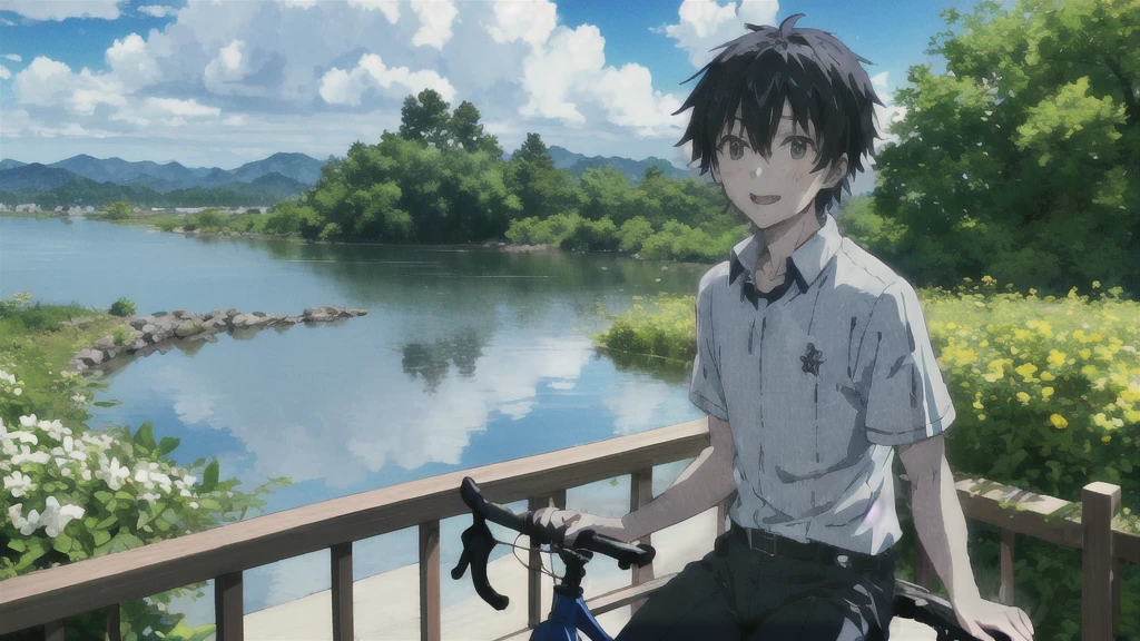 ((Highest quality)), ((masterpiece)), (detailed), Highest quality、High resolution、8K、male、male子学生、、soaked、bicycleを全力で漕いでいる、bicycleに乗っている、Very cloudy sky、Shower、Japan、Urban park、bicycle、White short sleeve shirt、Black trousers、bicycleに乗ったJapanの学生服を着たmale子学生の後ろ姿、Heavy downpour、Gardenia flowers、Slope、Japanのアニメのような画風、超High resolutionかわいい萌えアニメ8k