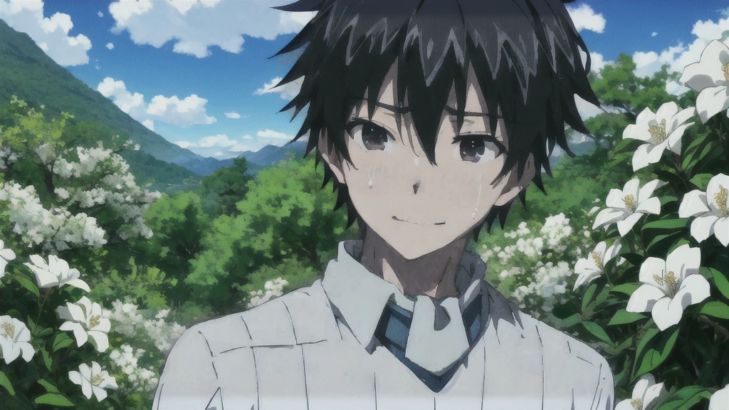 ((Highest quality)), ((masterpiece)), (detailed), Highest quality、High resolution、８K、male、male子学生、17 years old、soaked、bicycleを全力で漕いでいる、bicycleに乗っている、Very cloudy sky、Shower、Japan、Urban park、bicycle、White short sleeve shirt、Black trousers、bicycleに乗ったJapanの学生服を着たmale子学生の後ろ姿、Heavy downpour、Gardenia flowers、Slope、Japanのアニメのような画風、超High resolutionかわいい萌えアニメ8k