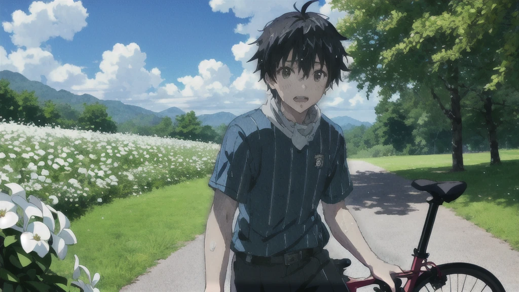 ((Highest quality)), ((masterpiece)), (detailed), Highest quality、High resolution、８K、male、male子学生、、soaked、bicycleを全力で漕いでいる、bicycleに乗っている、Very cloudy sky、Shower、Japan、Urban park、bicycle、White short sleeve shirt、Black trousers、bicycleに乗ったJapanの学生服を着たmale子学生の後ろ姿、Heavy downpour、Gardenia flowers、Slope、Japanのアニメのような画風、超High resolutionかわいい萌えアニメ8k