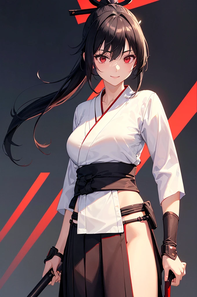 (masterpiece; best quality: 1.2), (finely detailed eyes: 1.3), ((25 year old woman)), ((solo)), (red eyes: 1.4), (body; lithe, slender, femenine: 1.3), (black hair in ponytail: 1.3), (beautiful and clear background: 1.2), ((depth of field)), (clothes: ronin attire + black hakama + black sash: 1.3), (anime illustration: 1.2), (background composition; kendo dojo + night time: 1.1), (extremely fine and beautiful: 1.1), (shot composition; standing + centered on torso + close-up: 1.5), (expression; calm, smile: 1.2)