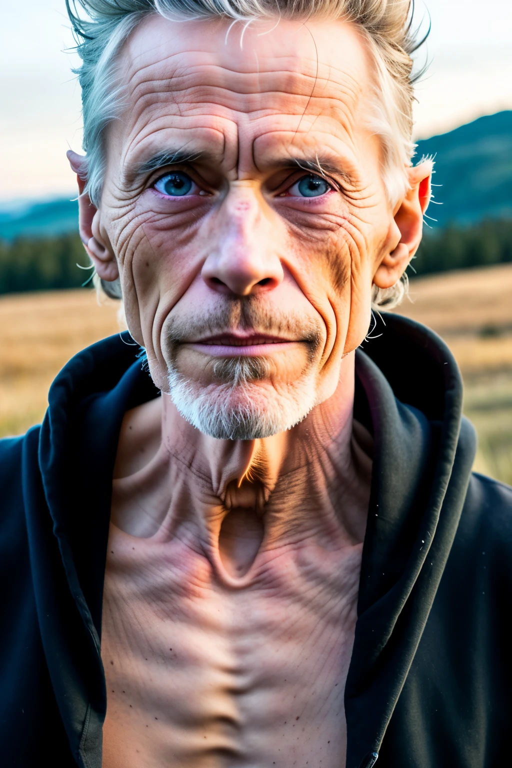 open air, rolling hills, natta, a RAW photo of a thin man in a black hoodie, close up, the 35, (Willem Dafoe:0.7), soft colors hyper detailed skin, (moles:1.12), low light photojournalism