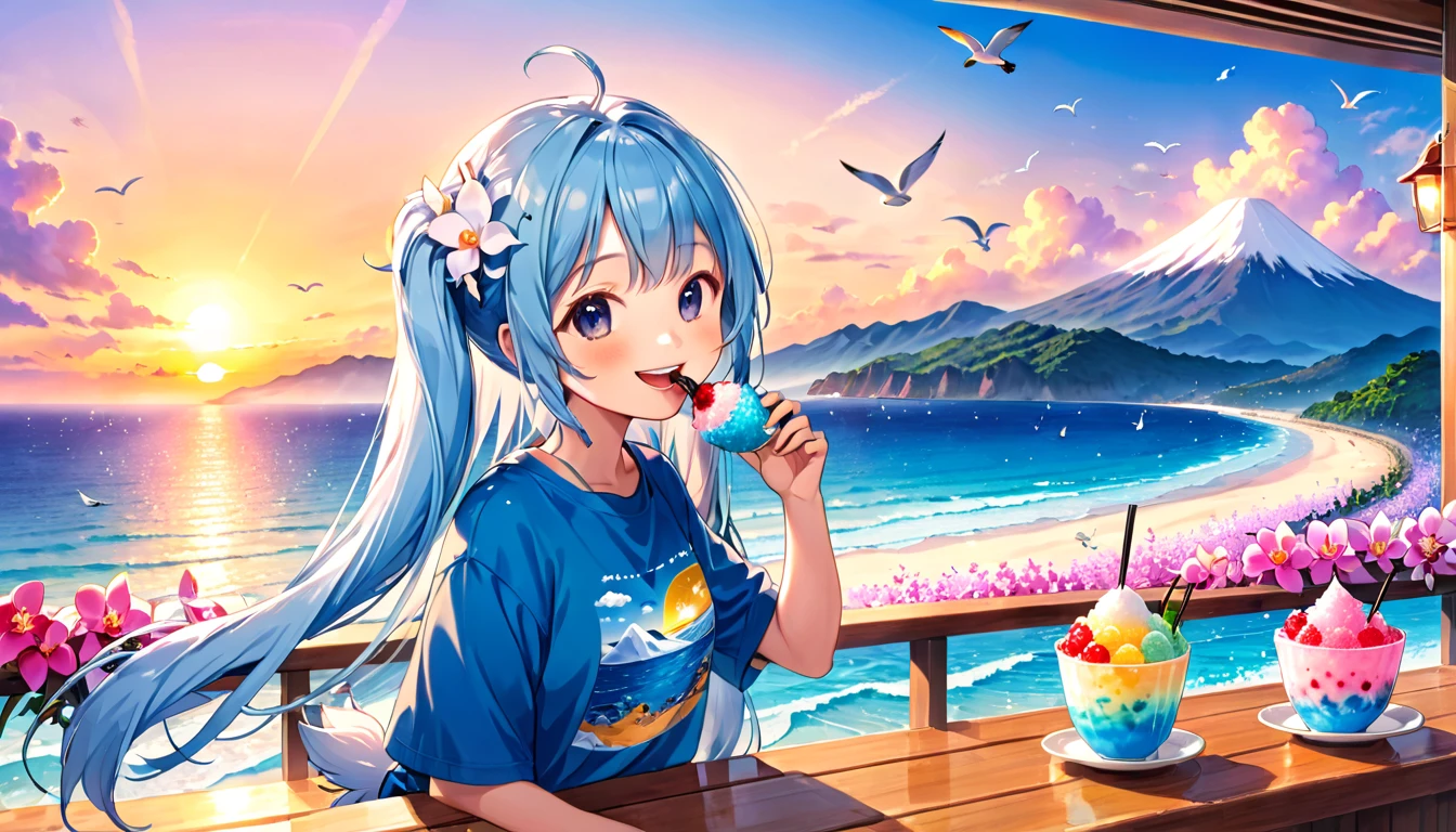 Seaside café at sunset、Light blue long hair、Twin-tailed Chibi Character、smile、He is eating a huge mountain of shaved ice with gusto.、A cafe decorated with lots of orchid flowers、The horizon in the distance、明るいsmileのちびキャラ、Seagulls are flying in the sea、Squirrels by the window