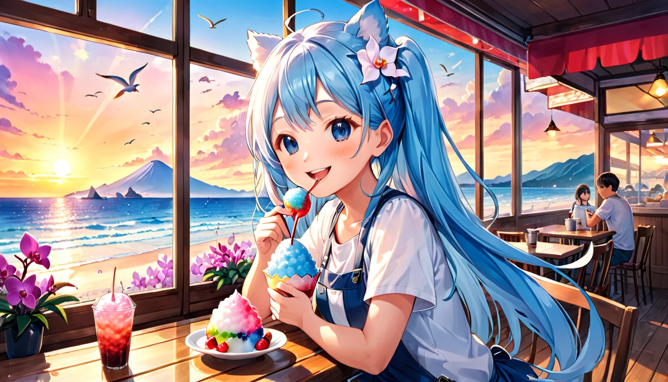Seaside café at sunset、Light blue long hair、Twin-tailed Chibi Character、smile、He is eating a huge mountain of shaved ice with gusto.、A cafe decorated with lots of orchid flowers、The horizon in the distance、明るいsmileのちびキャラ、Seagulls are flying in the sea、Squirrels by the window