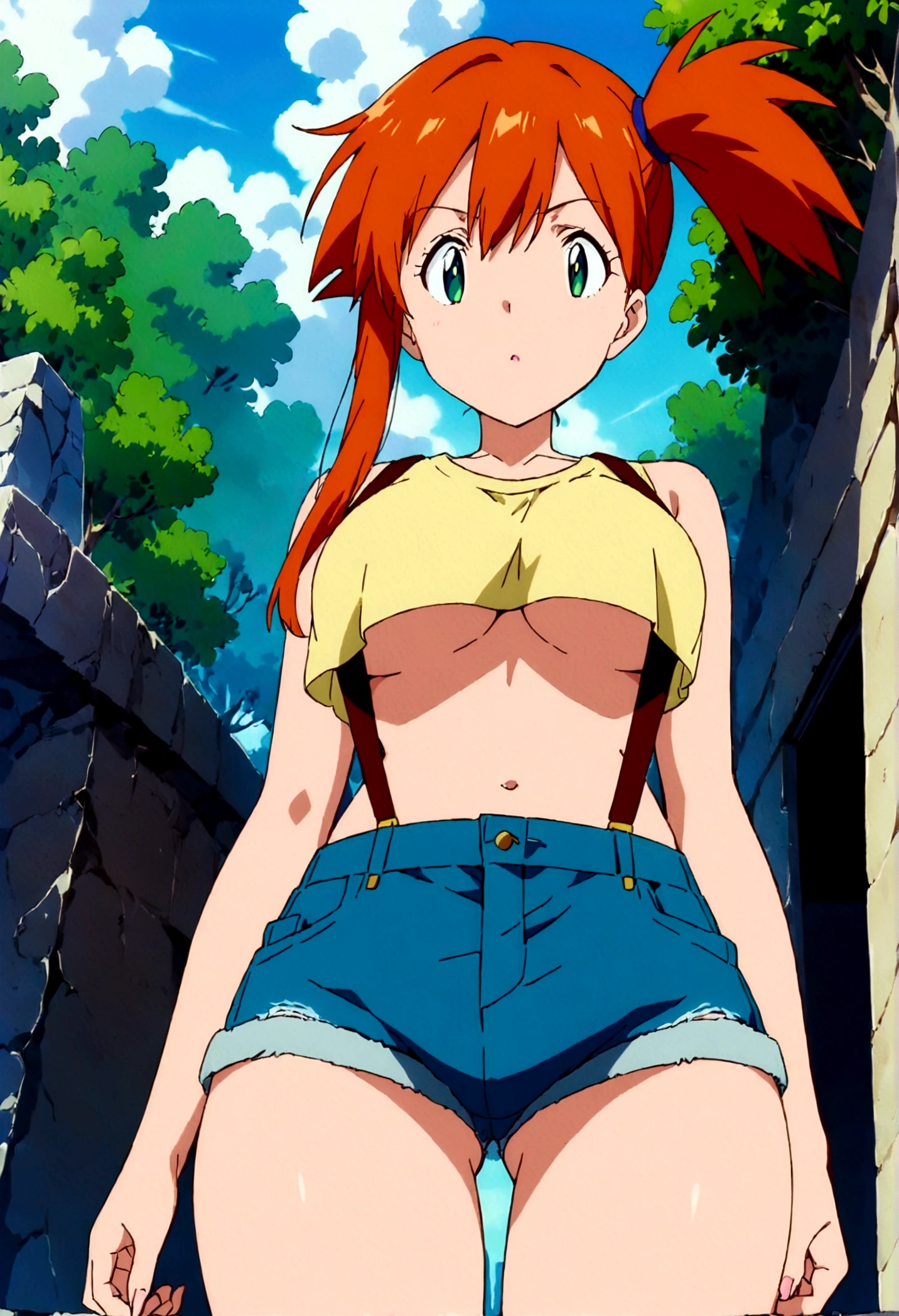 score_9,score_8, score_7_.superior,from below, (Insect's Eye).straight-on, (mature) , (outcome), One girl, , , Outdoor, Green Eyes, Orange Hair, Side Ponytail, Yellow Shirt, Sleeveless shirt,belly button, Denim shorts, suspenders, Captivating look, Seductive expressions),(under_boob),,(shirt pull),,great lighting, perfect hands, detailed shadows,anime artwork, anime style, key visual, vibrant, studio anime,
highly detailed, anime coloring, masterpiece, best quality,
best aestethic, absurdres,