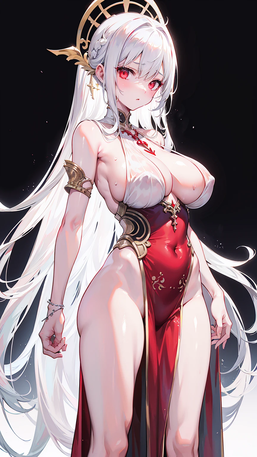 Long white hair，Red eyes，y Sheer Colonial Dress, Perfect body, Clear chest, Well-defined collarbone, Surreal, lifelike, detailed, Perky transparent nipet clothes(whole body:1.1),cross，Holy，best quality，Large Breasts，Bio underwear。geous church background with extreme details