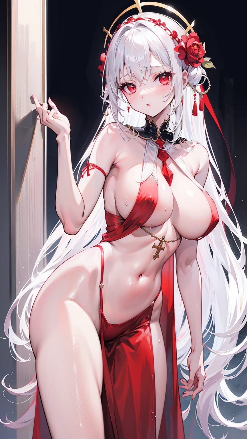 Long white hair,Red eyes,Sexy Sheer Colonial Dress, Perfect body, Clear chest, Well-defined collarbone, Surreal, lifelike, detailed, Perky transparent nipples, Wet clothes(whole body:1.1),cross,Holy,best quality,Large Breasts,Big Ass,No underwear。Gorgeous church background with extreme details