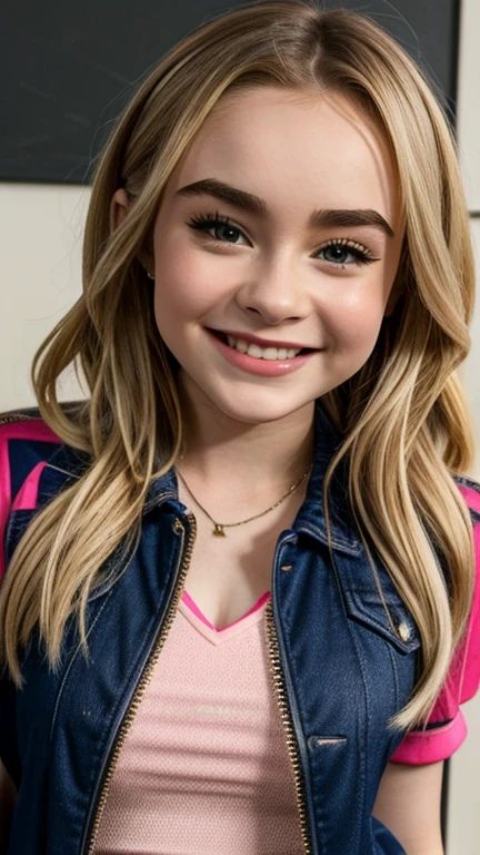 Sabrina Carpenter dressed in sexy teen clothes with a smile