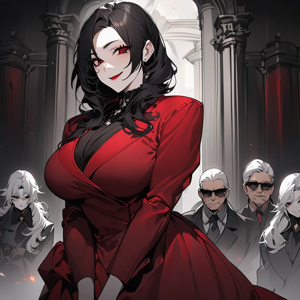 A composed white woman, mature, black hair, Aristocrat mafia boss, dressed in a full composed dark red gown that covers her entire body, ruthless expression with a smile on face, dark modern background, opulent house settings. SFW image.