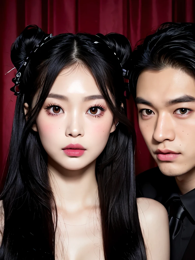 Kim Jennie with dark black hair, with curlers at the ends of dark black hair, with a star clip in her dark black hair, light colored eyes, pretty eyes, crying eyes, pretty, upturned nose, Pretty lips, pink lips, heart and cupid shaped lip, pretty skin, pale, White skin, with moles and freckles all over his face, soft pink blush on the cheeks, natural pink blush, dark and gothic makeup, Gothic Jennie, while she is with a cute boy by her side, with a cute asian boy standing next to her, while there is a man's torso, while the man'His hand is on his jaw.., beautiful man's hands, with a gothic boy, nice collars, marked collar, frown, angry look, with a kiss necklace, a pretty kiss necklace, while her nipples are noticeable (big breasts, soft breasts, nice breasts, natural breasts), with a white dress, short and transparent dress, visible on the nipple, with a boy by his side, with her boyfriend, looking to the camera, autophoto