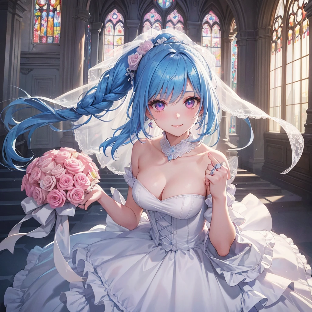 Sky blue hair, (One braided ponytail),(Pink Eyes),Fair skin ,(whole body),(One girl),bride,A big smile,Straight bangs, 6月のbride,Wedding dress,(masterpiece, Highest quality, Very detailed, Best Shadow), (Detailed Background), (Beautifully detailed face), High Contrast, (Best lighting, Very delicate and beautiful), ((Cinematic Light)), colorful, Hyper Detail, Dramatic Light, Intricate details,Chapel background,A bouquet of roses in the right hand,Ring on left ring finger,