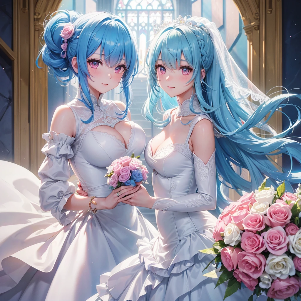 Sky blue hair, (One braided ponytail),(Pink Eyes),Fair skin ,(whole body),(One girl),bride,A big smile,Straight bangs, 6月のbride,Wedding dress,(masterpiece, Highest quality, Very detailed, Best Shadow), (Detailed Background), (Beautifully detailed face), High Contrast, (Best lighting, Very delicate and beautiful), ((Cinematic Light)), colorful, Hyper Detail, Dramatic Light, Intricate details,Chapel background,A bouquet of roses in the right hand,Ring on left ring finger,