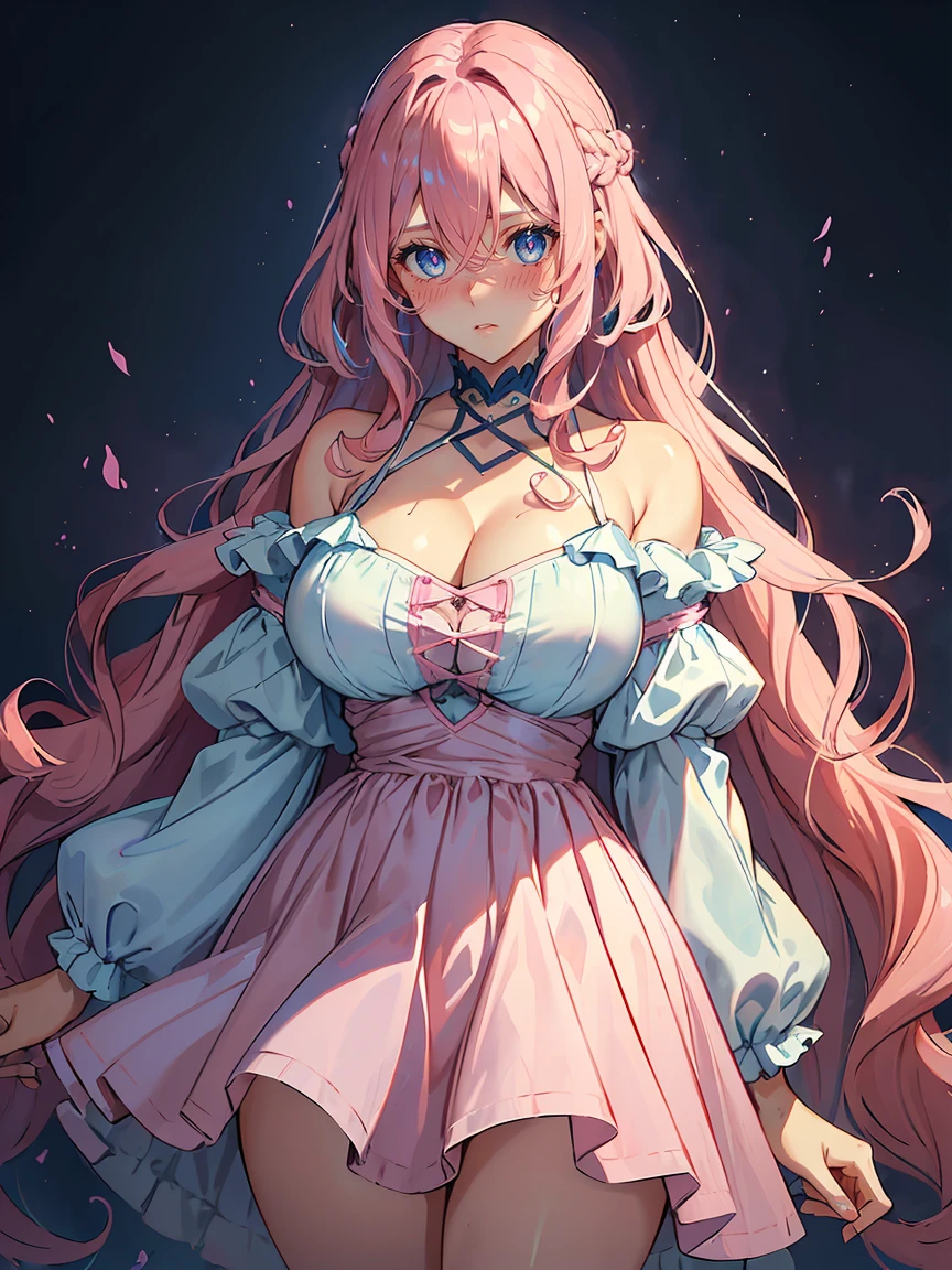 handsome girl,blue-eyes,blue pupils,Long pink hair,Hyperresolution,accuracy,Detailed rendering,(Subtle facial image)(Image of fine hair)(topquality)(Masterpieces of masters)(High degree of completeness)(A sense of atmosphere)tmasterpiece,Super detailed and super detailed(half-body portrait), long wavy pink hair, (((tHICK WAVY HAIR)))(((ANKLE LENGTH HAIR)))(((Blushing)))(((Huge breasts)))(((LARGER BREASTS))) large breasts, bigger breasts (((Bigger breasts))) (((Blushing))) (((Sakimichan))) (((Pink hair))) (((cute outfit)))(((Casual full outfit)))(((Dressed up))) (((Covered up))) (((Casual dress)))