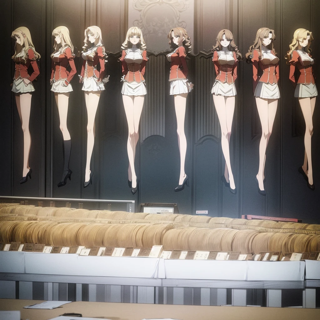 masterpiece, high quality, Multiple girls, organization, Same sisters, Blonde Hair, curls, (brown haired sisters, Blonde sisters, many sisters, Match hairstyle, different hair colors), Hazel eyes, Medium bust, ((Matching Clothing, Uniforms)), Smile, flat_color, Same height, organization pose, Back to back,