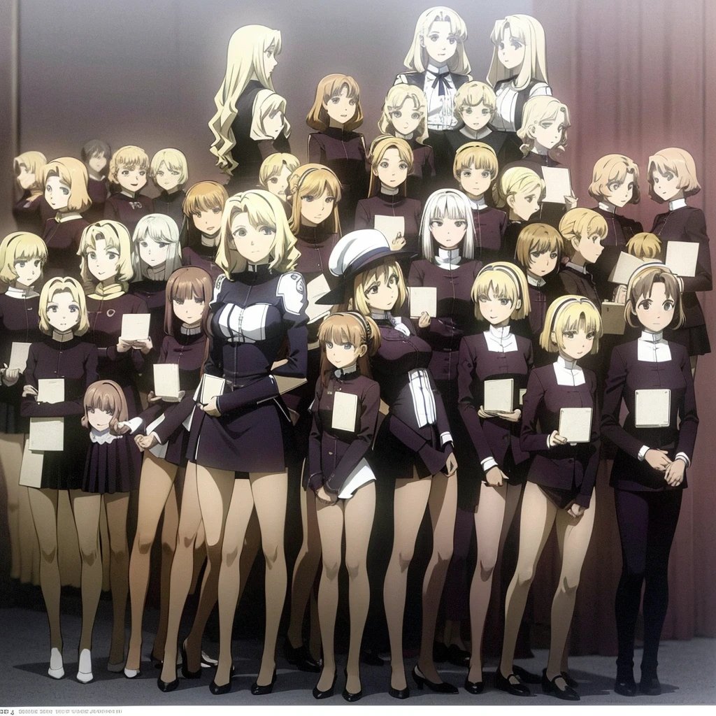 masterpiece, high quality, Multiple girls, organization, Same sisters, Blonde Hair, curls, (brown haired sisters, Blonde sisters, many sisters, Match hairstyle, different hair colors), Hazel eyes, Medium bust, ((Matching Clothing, Uniforms)), Smile, flat_color, Same height, organization pose, Back to back,