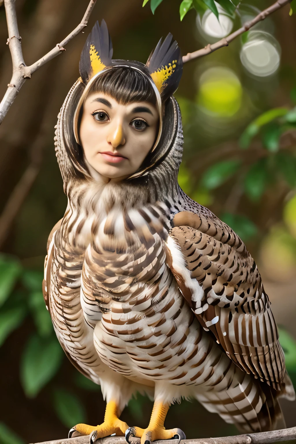 Hansika Motwani is a owl bird, She is a bird but her head looks like girl, from neck to full body looks like owl bird. Owl legs, Owl wings. Bird body, Owl body, perfect picture, perfect bird, real bird, Real head replace with real Owl head. Exact Bird. Colorful Owl.