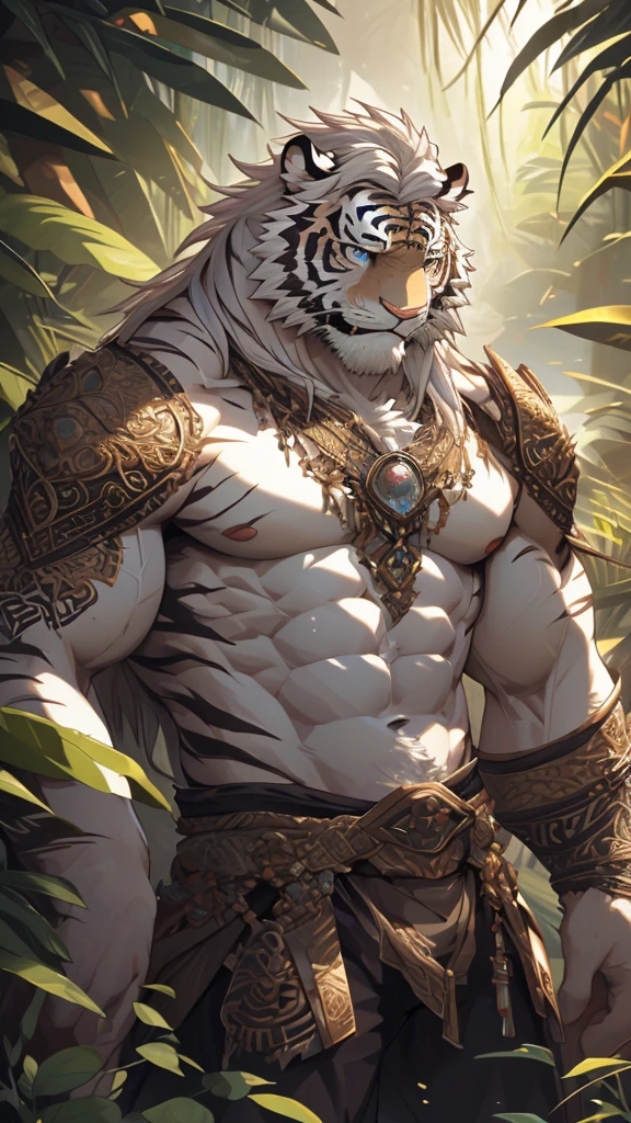 (masterpiece),(highres),(intricate details:1.4),extremely detailed,(illustration:1.2),8k,photorealistic,Anime headshot,exquisite,full body shot,aged,elder male tiger,white fur,muscular,warrior,(naked upper body:1.4),(white hair:1.3),hot jungle,sexy