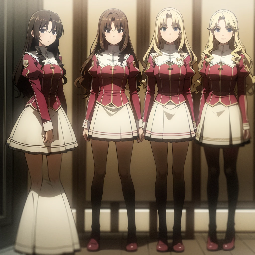 masterpiece, high quality, Multiple girls, organization, Same sisters, Blonde Hair, curls, (brown haired sisters, Blonde sisters, many sisters, Match hairstyle, different hair colors), Hazel eyes, Medium bust, ((Matching Clothing, Uniforms)), Smile, flat_color, Same height, organization pose, Back to back,