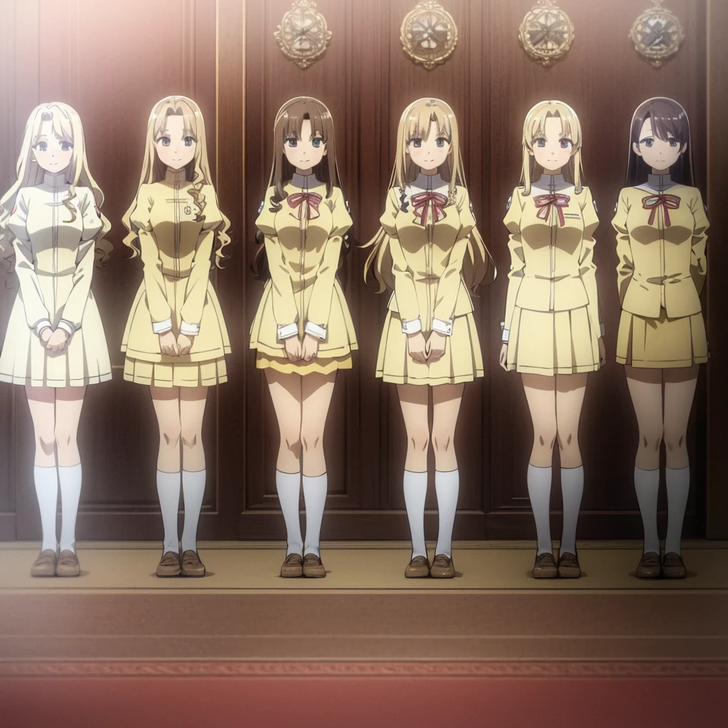 masterpiece, high quality, Multiple girls, organization, Same sisters, Blonde Hair, curls, (brown haired sisters, Blonde sisters, many sisters, Match hairstyle, different hair colors), Hazel eyes, Medium bust, ((Matching Clothing, Uniforms)), Smile, flat_color, Same height, organization pose, Back to back,