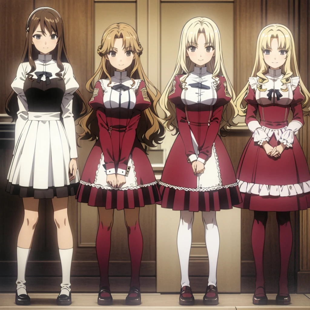 masterpiece, high quality, Multiple girls, organization, Same sisters, Blonde Hair, curls, (brown haired sisters, Blonde sisters, many sisters, Match hairstyle, different hair colors), Hazel eyes, Medium bust, ((Matching Clothing, Uniforms)), Smile, flat_color, Same height, organization pose, Back to back,