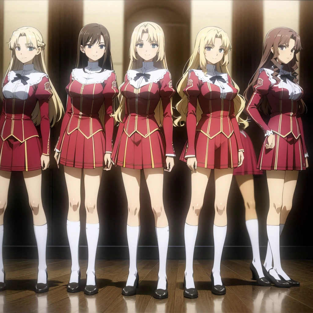 masterpiece, high quality, Multiple girls, organization, Same sisters, Blonde Hair, curls, (brown haired sisters, Blonde sisters, many sisters, Match hairstyle, different hair colors), Hazel eyes, Medium bust, ((Matching Clothing, Uniforms)), Smile, flat_color, Same height, organization pose, Back to back,