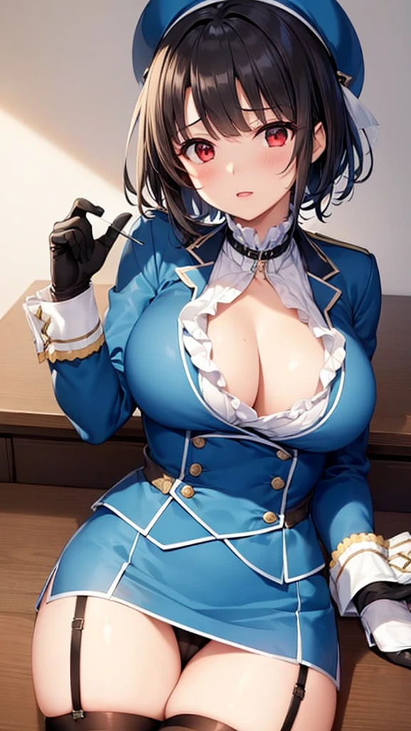 (masterpiece, best quality:1.2),illustration,8k,hd,1girl,solo,upper body,(portrait:1.2),takao \(kancolle\),black hair,red eyes,short hair,large breasts,long sleeves,hat,black gloves,black thighhighs,miniskirt,blue skirt,military uniform,beret,garter straps,blue jacket,blue headwear,pencil skirt, ((panty shoot))