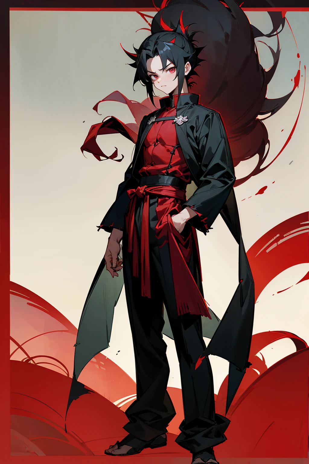 Masterpiece Quality, Perfect Generation, Sclera, Detailed Eyes, , Red And Black Long Spiky Hair, Muscular, Black And Red Haori, Bored Expression, , Full Body, Demon Slayer, Temple Background, Standing, Facing Viewer, Male, Standing Outside Temple In Forest, Clothed