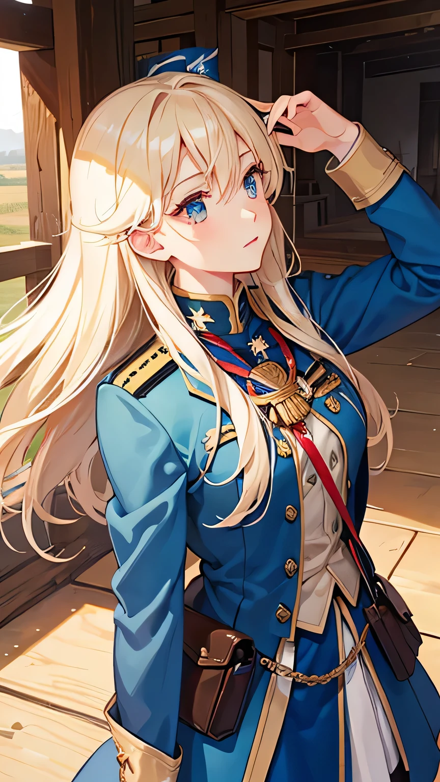 ((best quality)), ((masterpiece)), (detailed face and eyes), detailed hands and fingers, perfect face, accurate, textured skin, high details, gradient hair, hair between eyes, hair over shoulder, big hair, hair over eyes, anime, sparkle, Military uniform, military medal, medal, American Revolutionary War era officers, US Army, Background (battlefield), dusty wilderness, Composition (looking up from above), cowboy shot