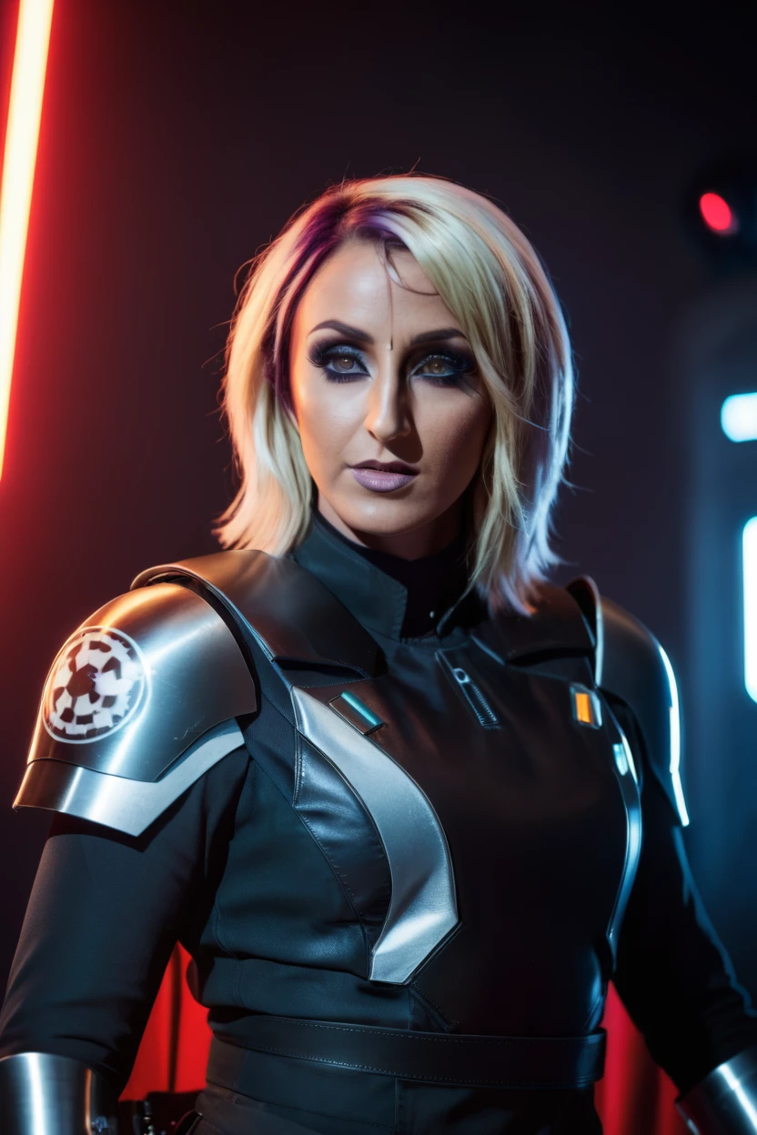 a photograph of a blonde Jessica Nigri cinematic photo sabine wren wearing armor at observatory. 35mm photograph, film, bokeh, professional, shot by david lachapelle, 4k, highly detailed

