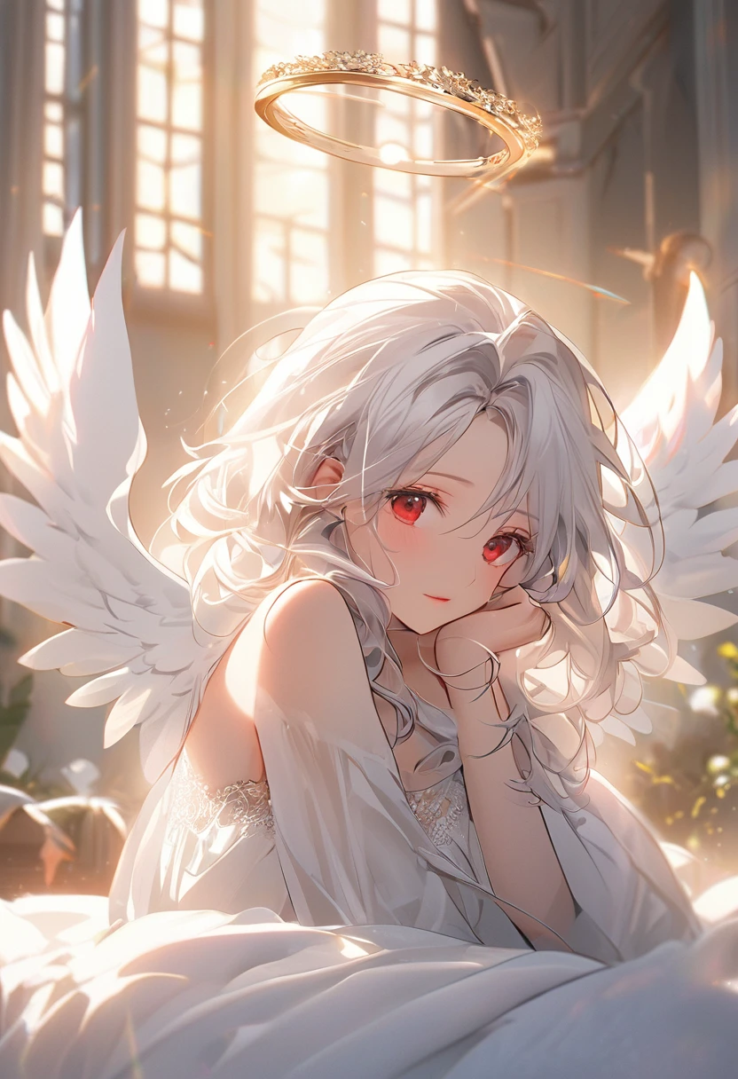 masterpiece , morning , beauty , white hair , red eyes , halo ring angel , soft light