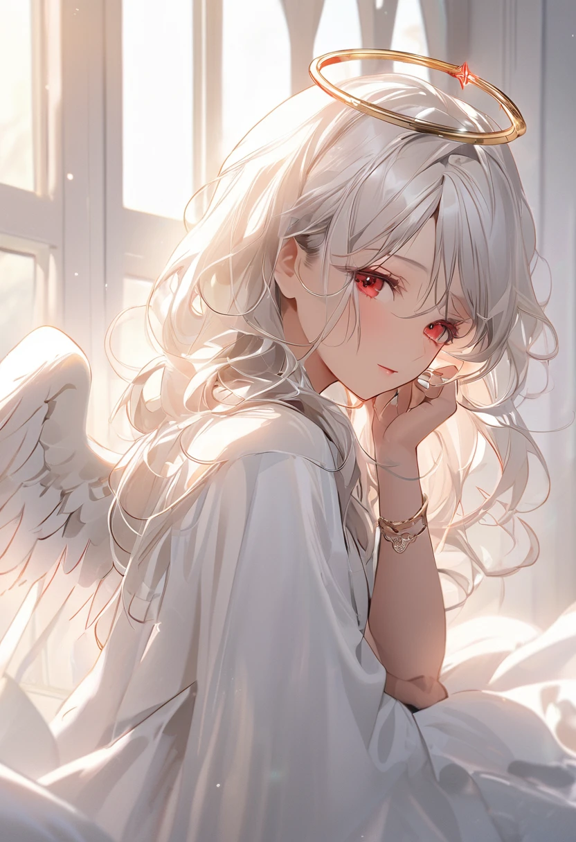 masterpiece , morning , beauty , white hair , red eyes , halo ring angel , soft light