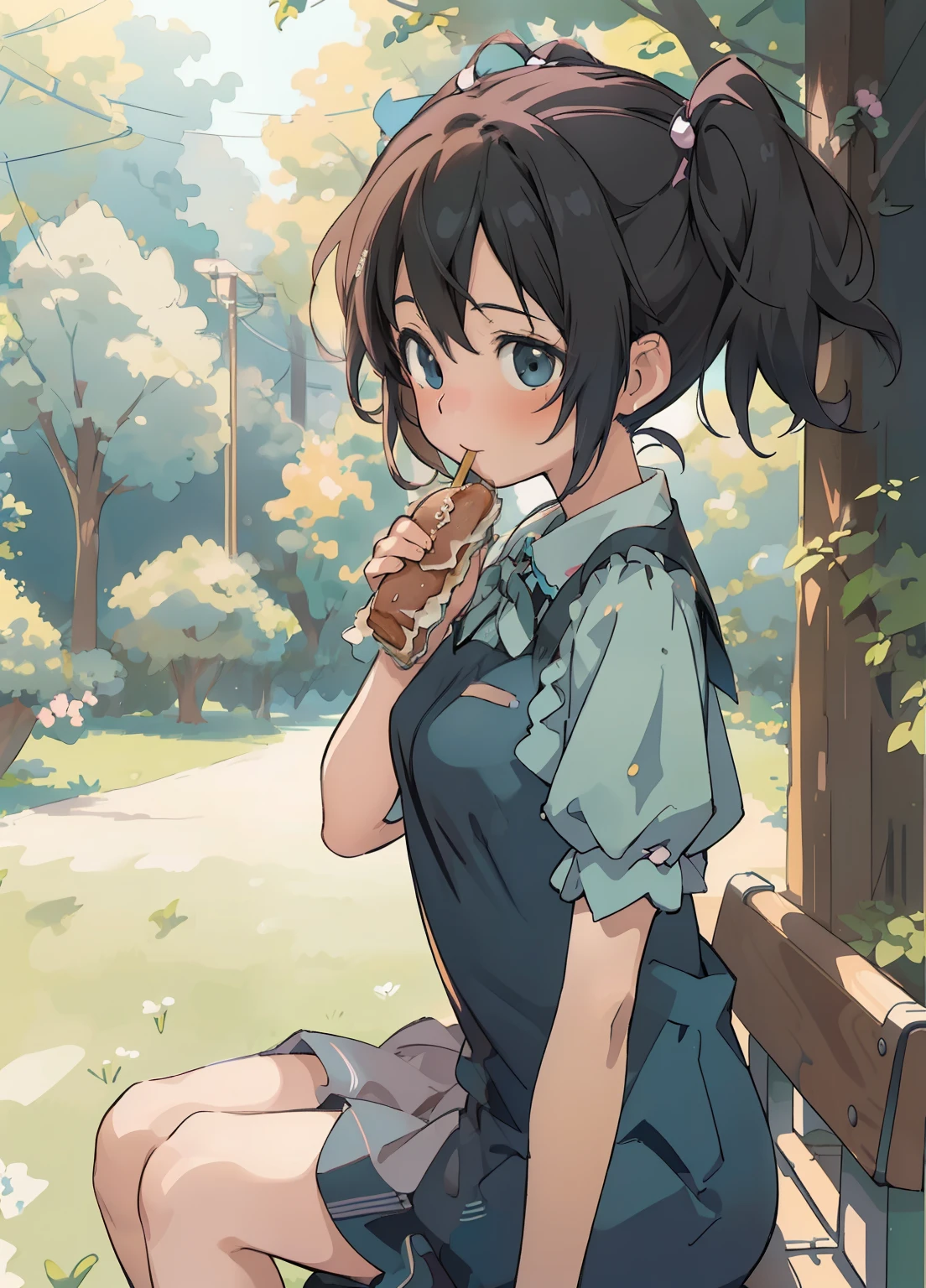 (masterpiece、Highest quality、Highest quality、Official Art、Beautiful and beautiful:1.2)、(One girl:1.3)Hatsune Miku、Twin tails,Beautiful breasts,anime boy sitting on a bench eating a sandwich and dAlsoking coffee, makoto kano, Takano Aya color style, Cute girl anime visuals, Also, Shinji, Anime Moe Art Style, makoto shinka, change, shinkai makoto, Cute Anime, Smooth anime CG art, , High quality anime art style, KyoAni
