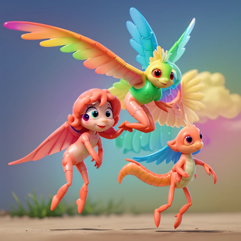 Shrimp, rainbow colored, has angel wings and can fly.