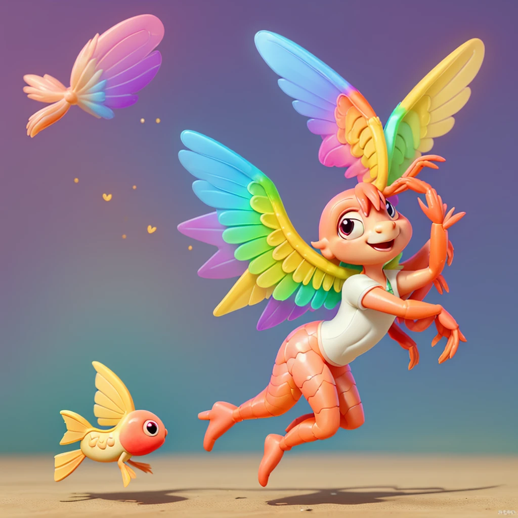 Shrimp, rainbow colored, has angel wings and can fly.