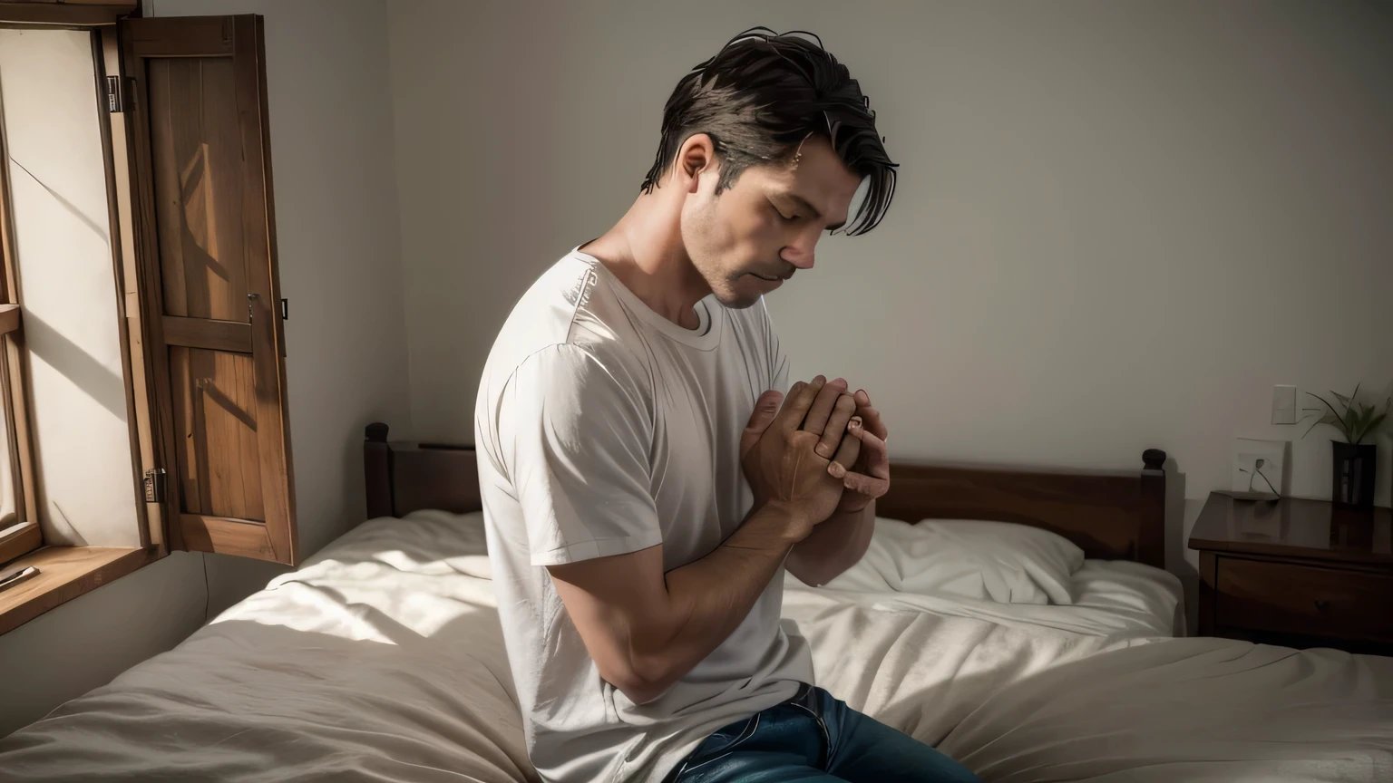 "one men, around 45 years old, on his knees, praying fervently in a serene and calm environment. He is wearing a simple white shirt and jeans, with hands clasped in prayer and eyes closed. The expression on his face is one of deep concentration and faith.in your room softly lit by natural light coming in through a window, with an open holy bible on your bed. lifelike details, including soft shadows and skin and clothing textures. The atmosphere of the image should convey peace, devotion and spirituality."