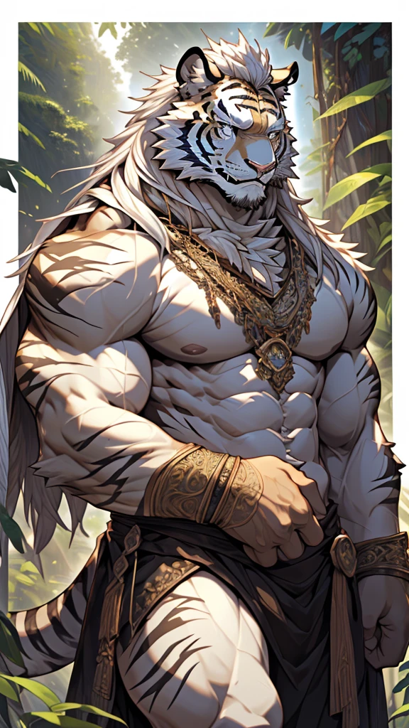 (masterpiece),(highres),(intricate details:1.4),extremely detailed,(illustration:1.2),8k,photorealistic,Anime headshot,exquisite,full body shot,aged,elder male tiger,white fur,muscular,warrior,(naked upper body:1.4),(white hair:1.3),hot jungle,sexy 
