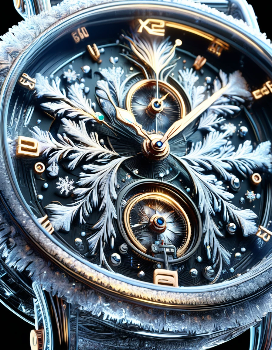 luxury wristwatch, extreme closeup, solid black background, weather, metallic, dimensional deep, nixie, product shot, perfect extreme focus, vivid, 8k hdr, high quality, extremely detailed, specular, hyperrealistic, FrostedStyle,