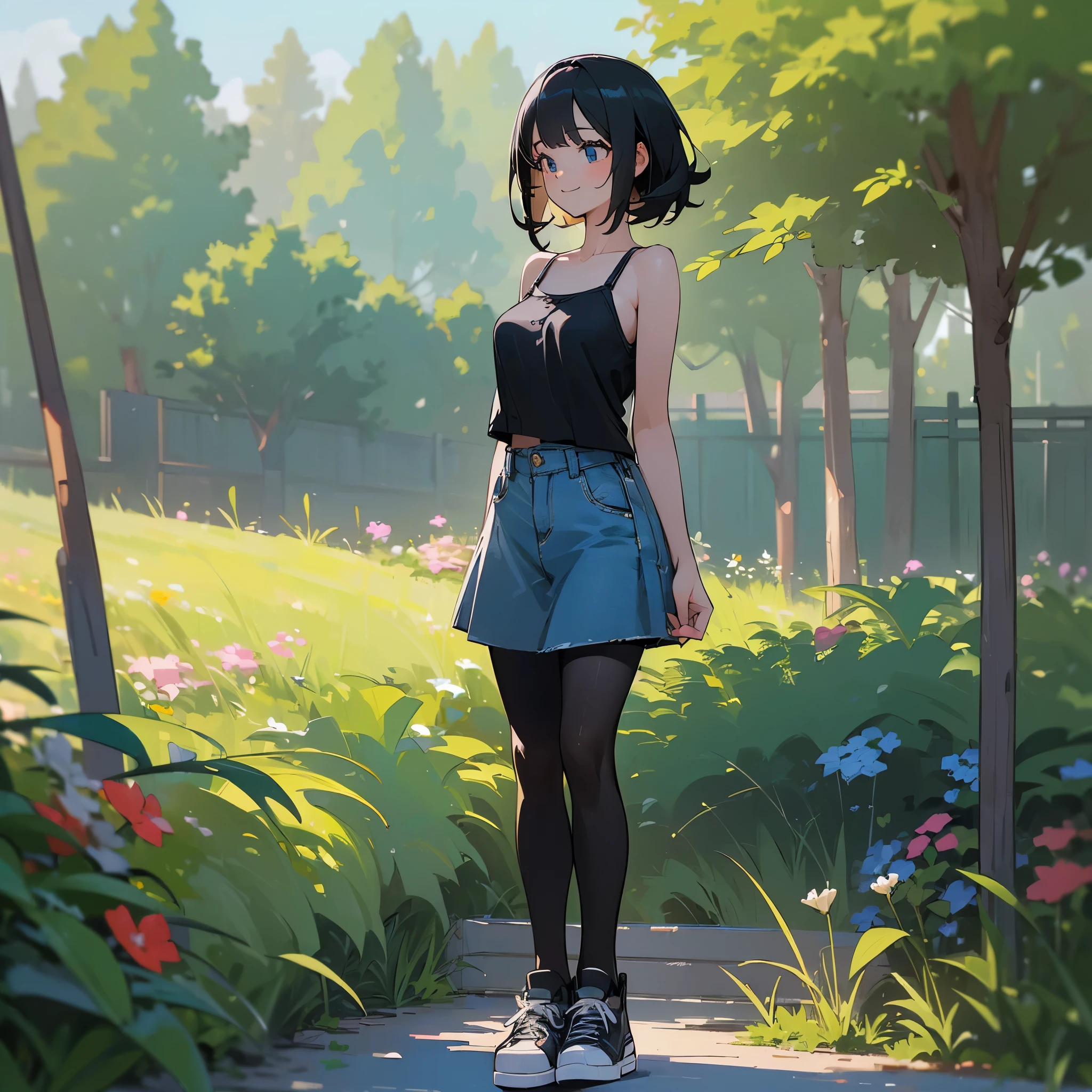 (high quality, High resolution, Very detailed, reality:1.37), Peaceful atmosphere, (Outdoor, garden), Teenage girl standing alone, (my breasts are big.), Beautiful details, Cute Smile, (Black bob hair), camisole, Denim skirt, Black tights, sneakers.